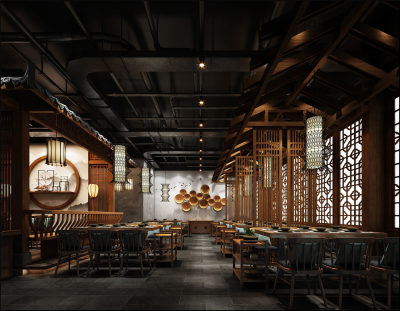 工业风中式餐厅 火锅店 自助餐厅 餐厅隔断